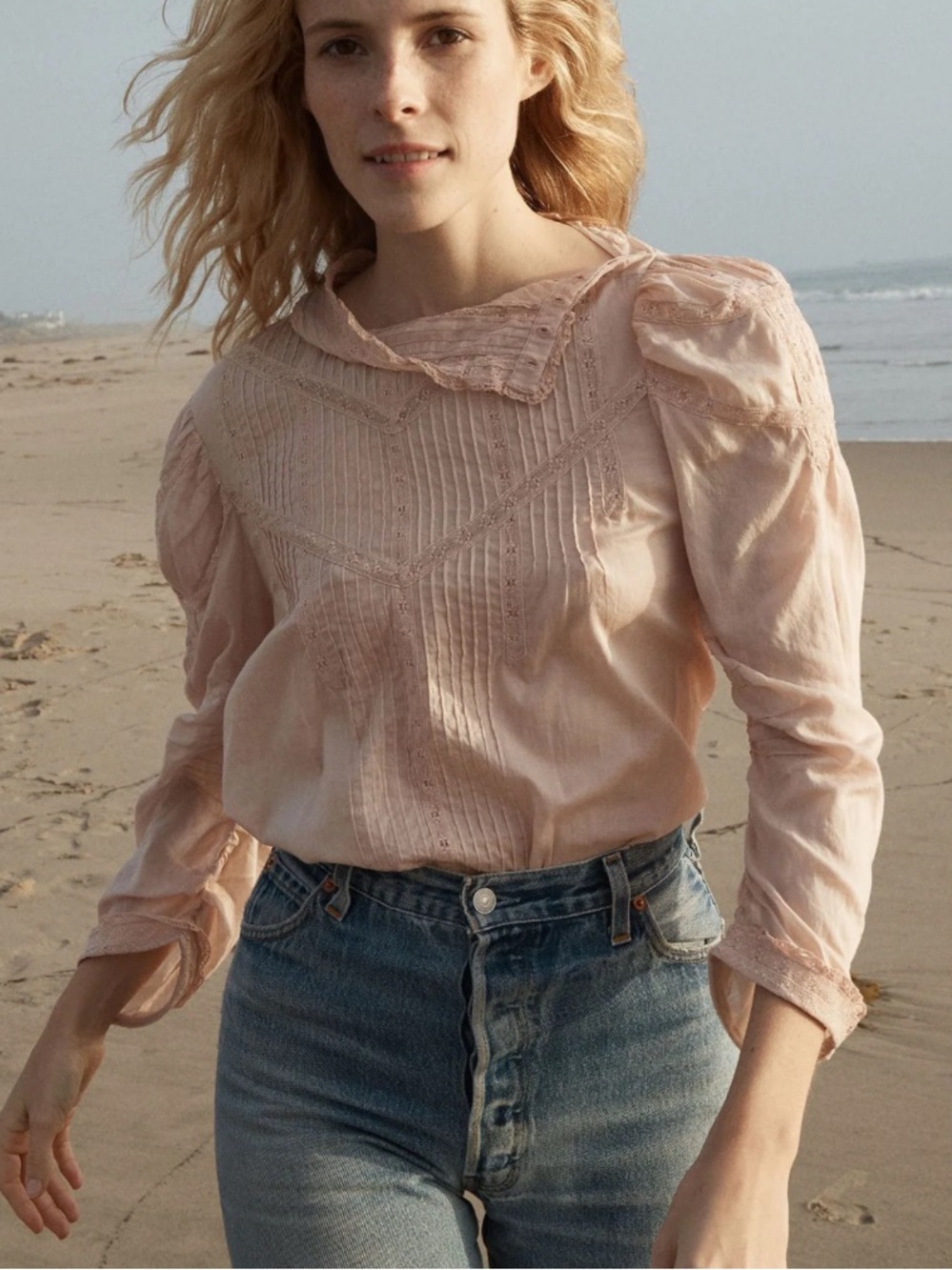 Doen Blush Pink Lace-Trim Pintuck Blouse